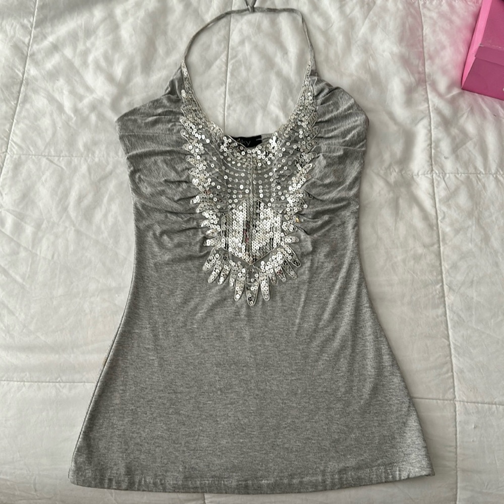 Y2K Sky sequin halter top